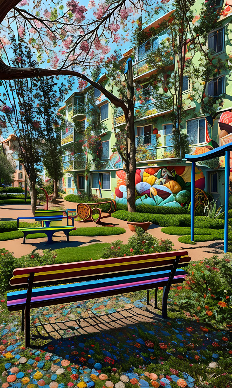 Colorful murals adorn apartment buildings in vibrant courtyard