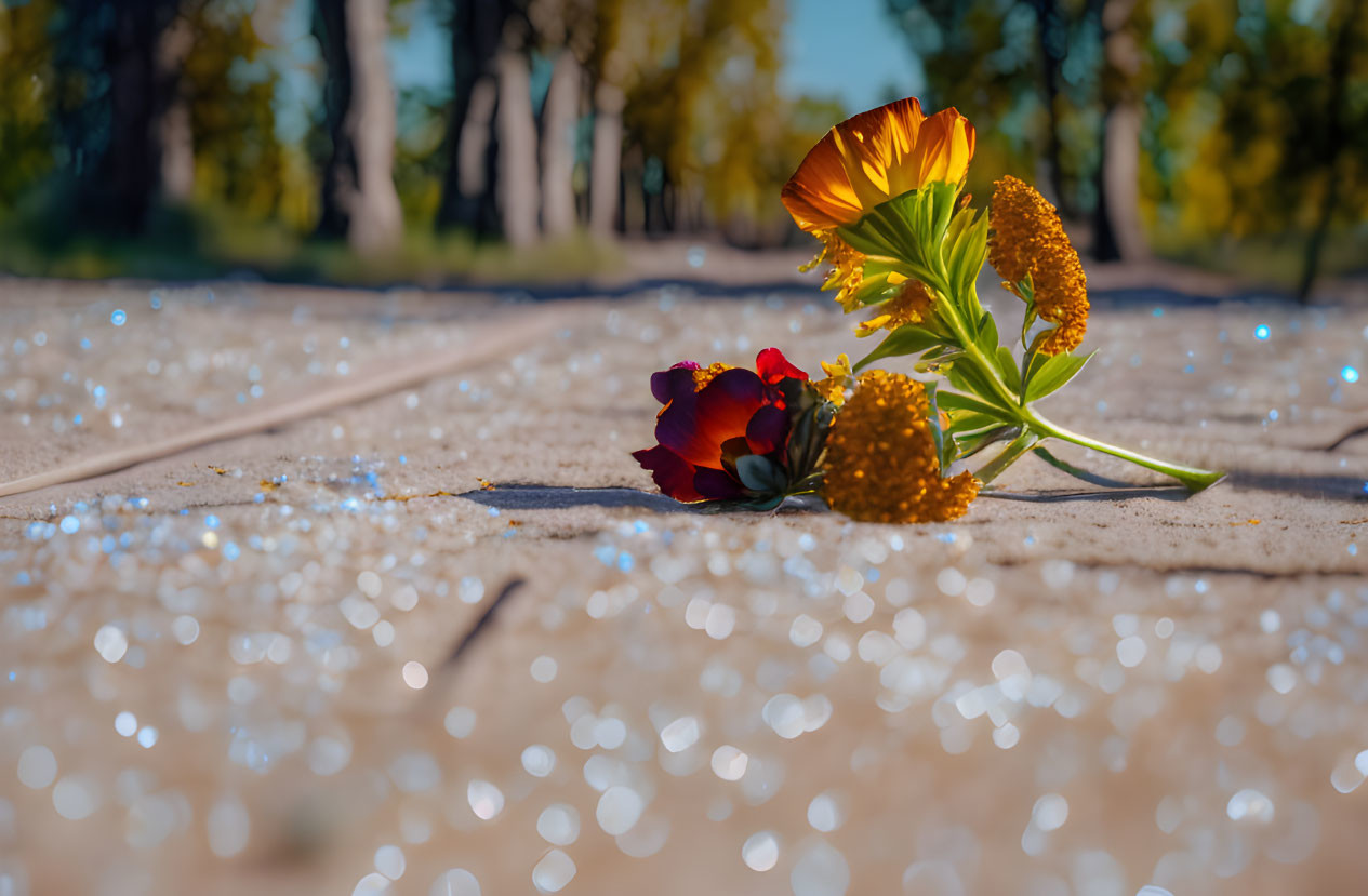 Orange Flower with Red Accents on Sparkling Path Amidst Trees and Blue Sky