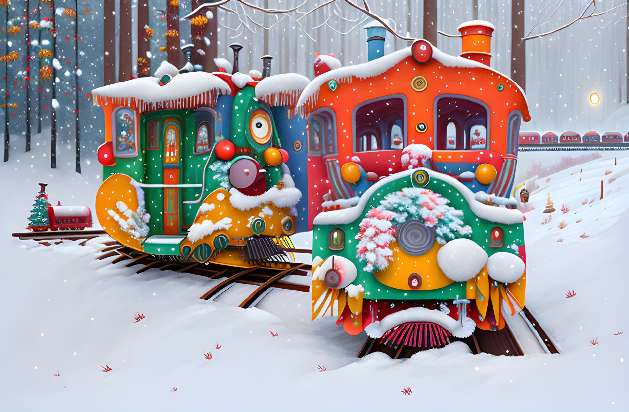 Colorful animated trains in snowy Christmas scene