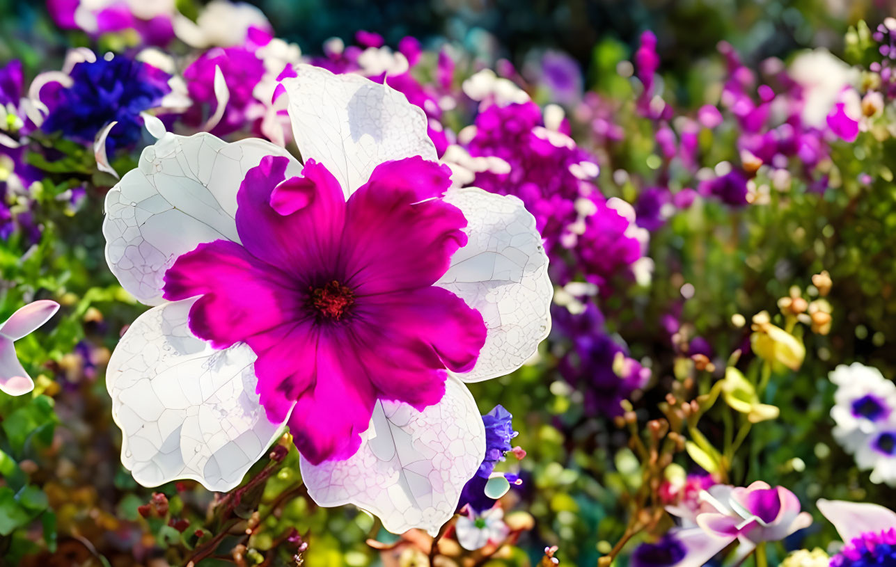 Magenta and White Flower Among Purple Blossoms and Green Foliage