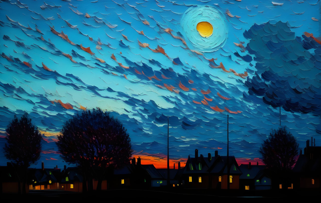 Vivid textured painting of small town at dusk with stylized moon