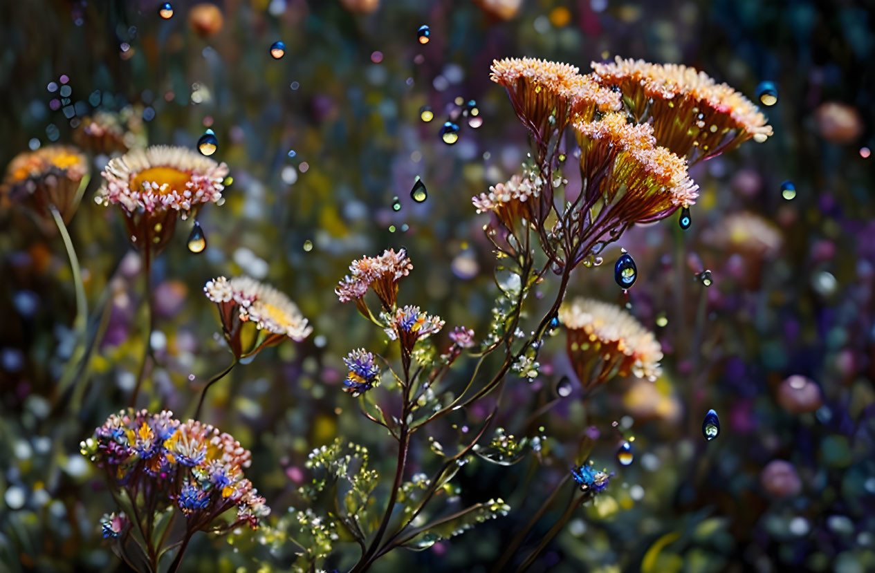 Colorful Flowers with Water Droplets on Bokeh Background