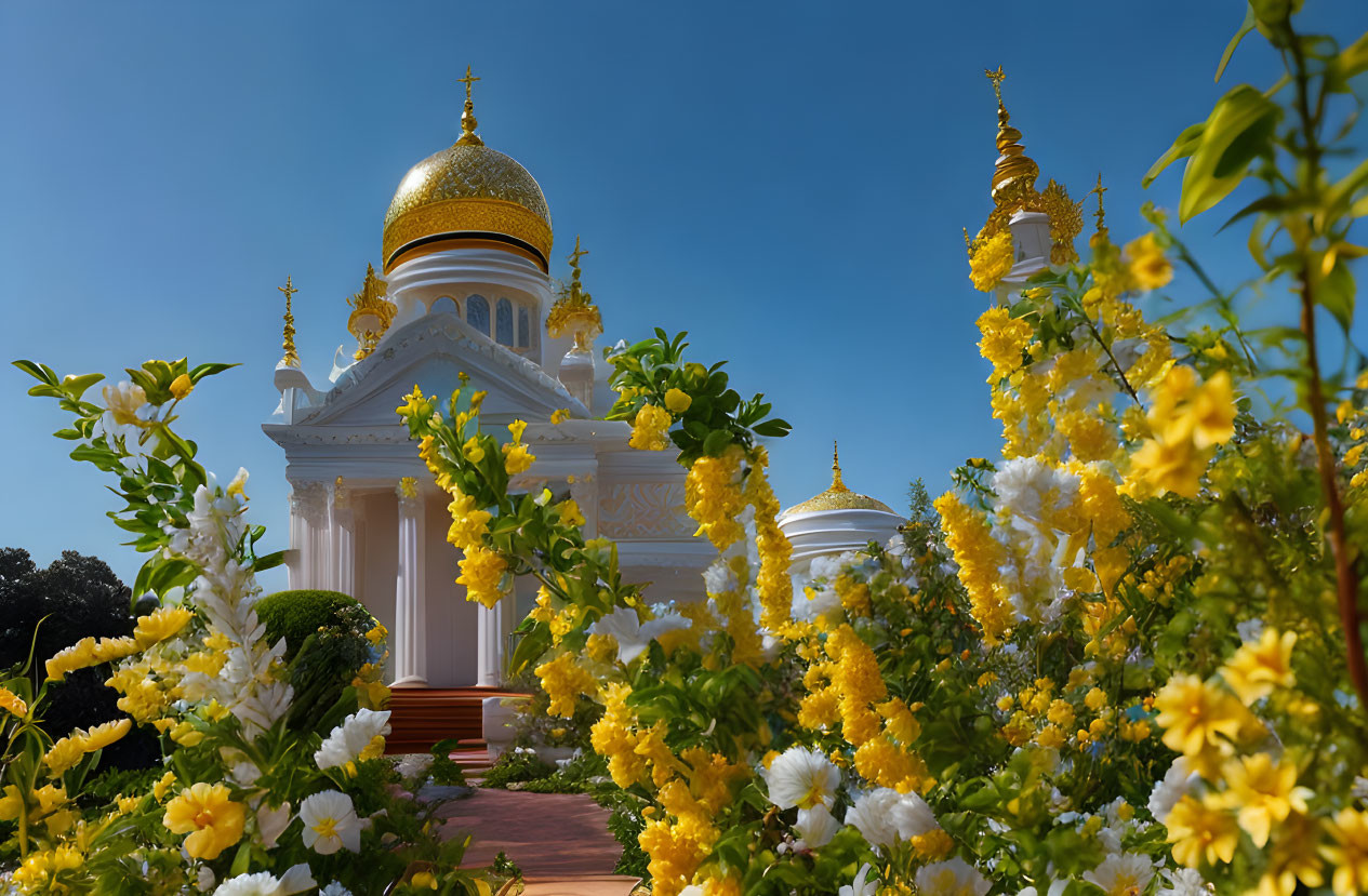 White temple with golden domes surrounded by yellow flowers under blue sky