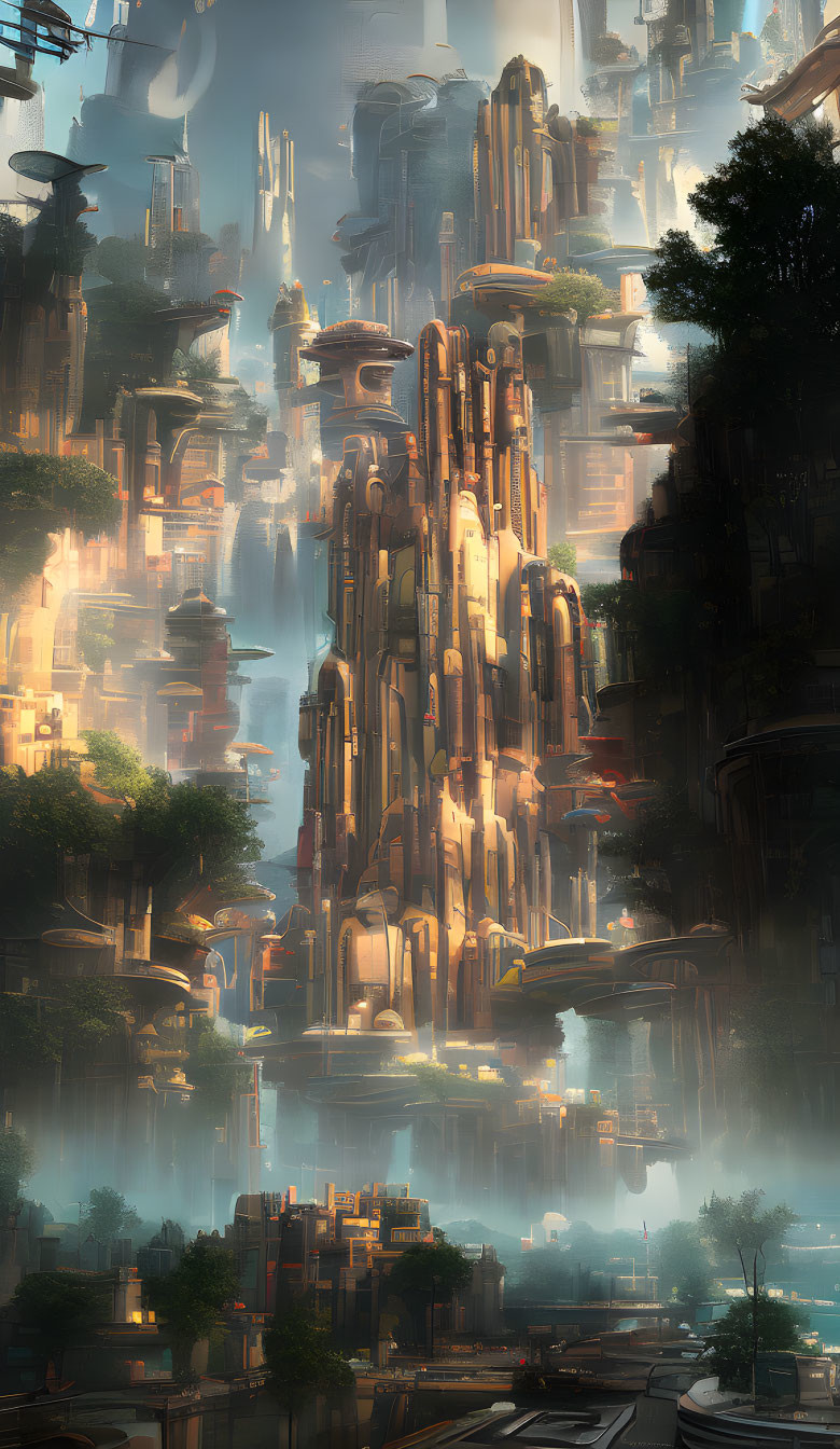 Futuristic cityscape with towering structures and advanced architecture