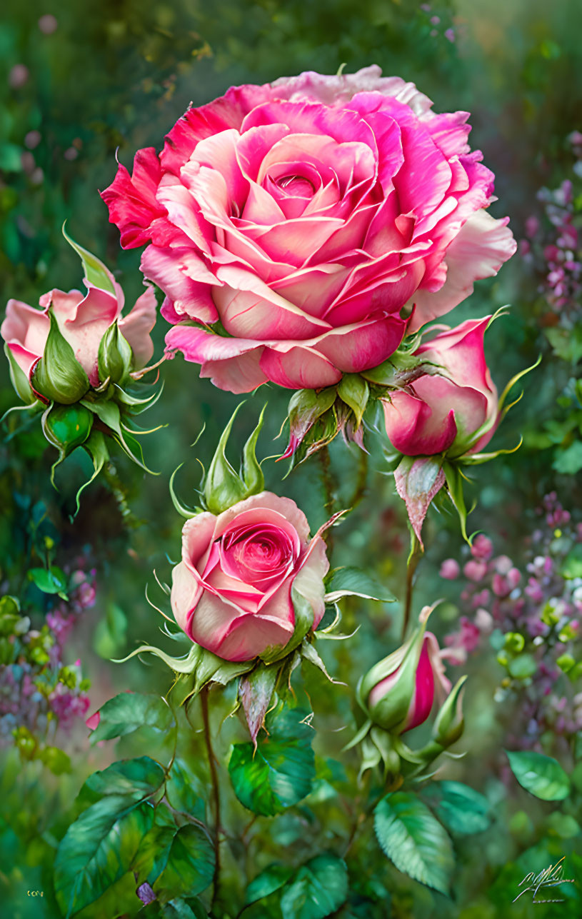 Pink and White Rose with Layers of Petals Among Blooming Buds