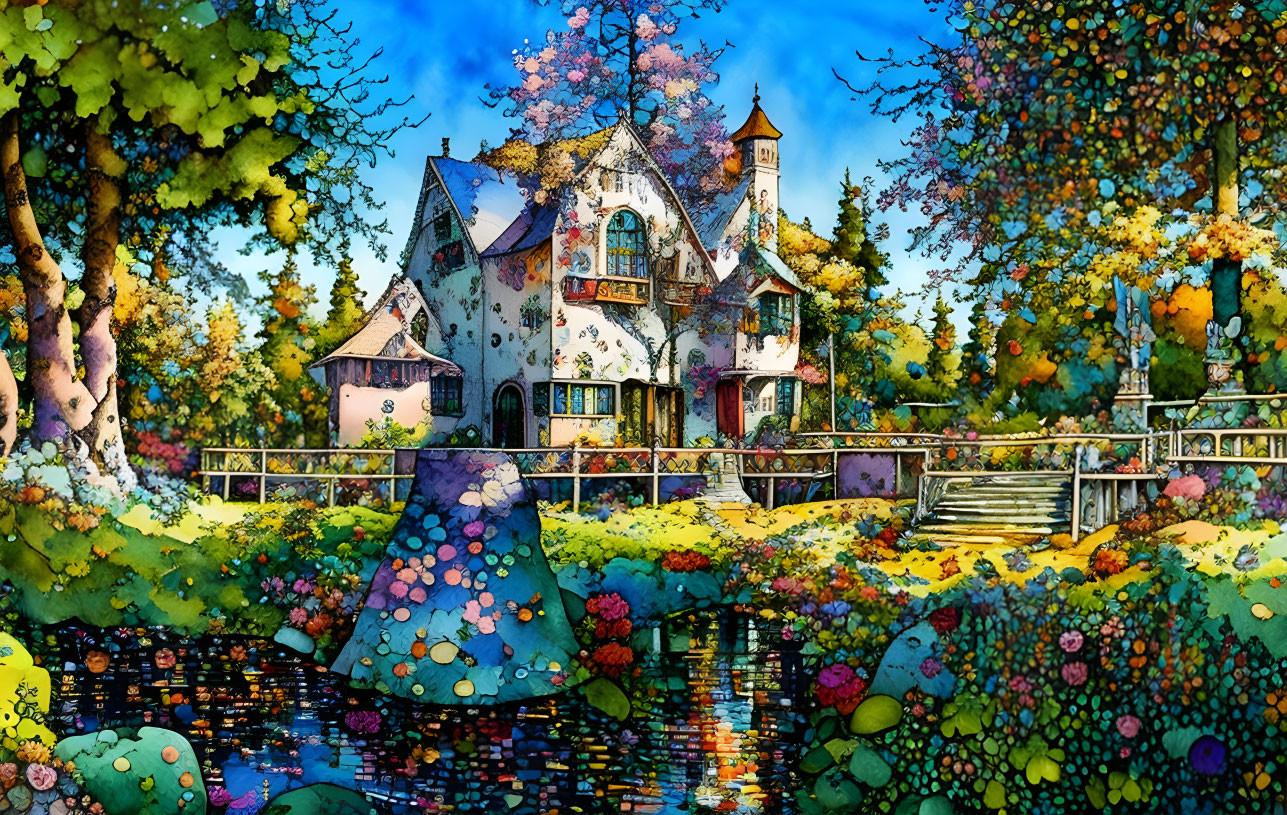 Vibrant Cottage Scene with Pond and Footbridge