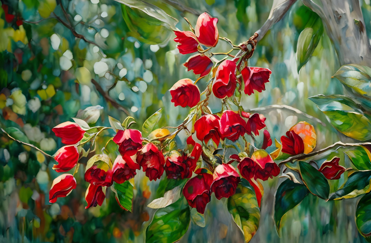 Colorful painting of red flowers on branch with green leaves in sunlit garden