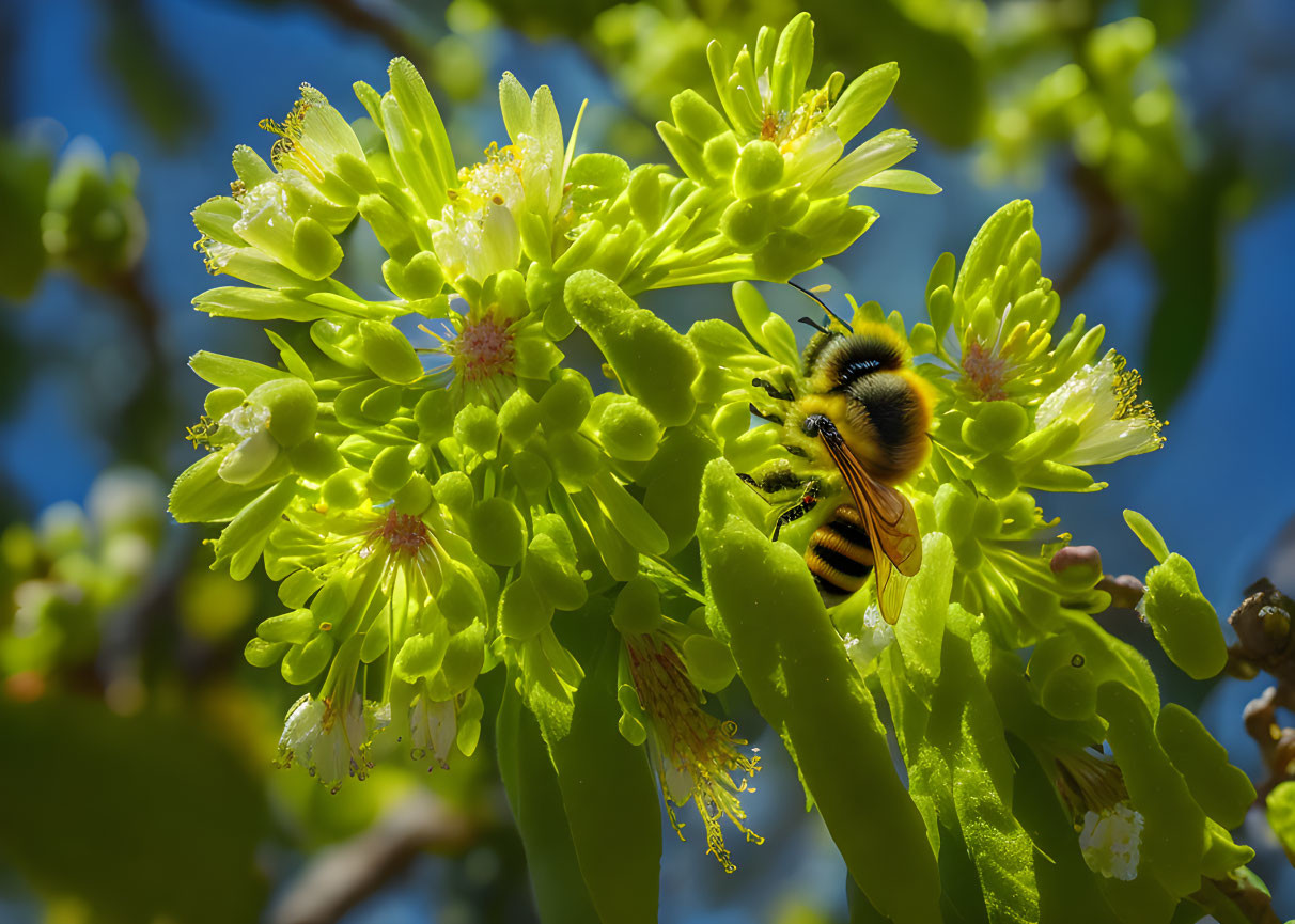 Bee collecting nectar from green-yellow flowers under blue sky