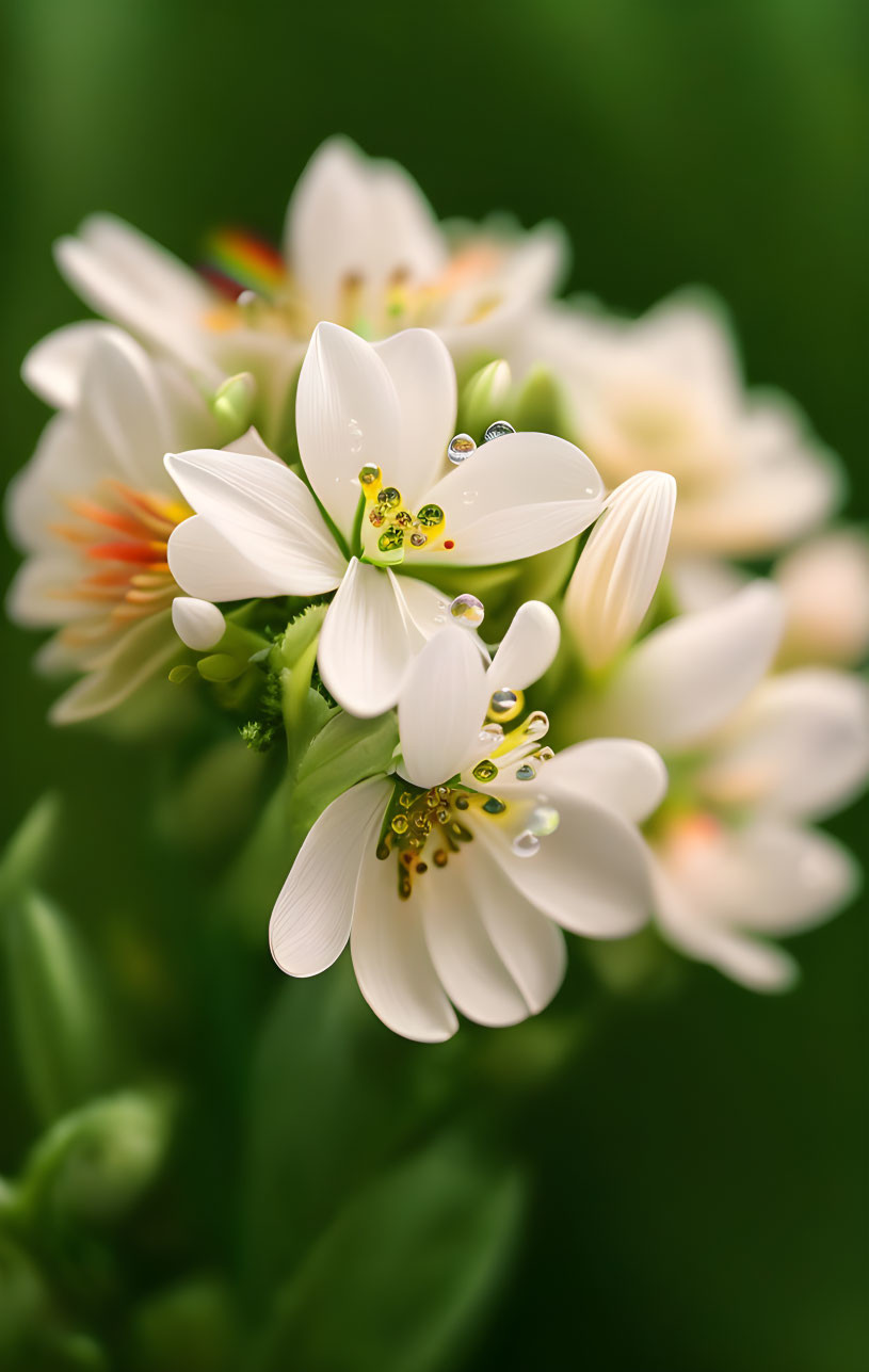 White Flowers with Yellow Centers and Water Droplets on Soft Green Background