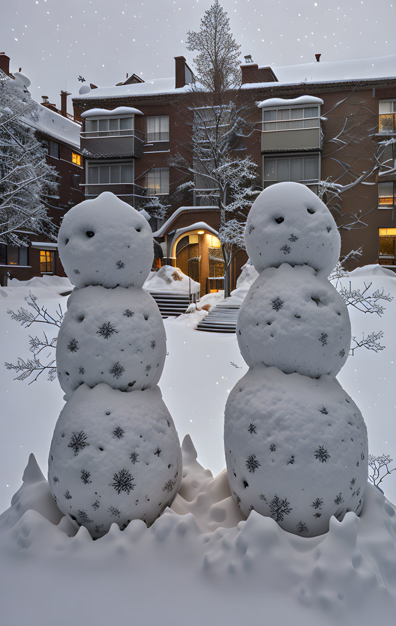 Snowmen with snowflake patterns in front of illuminated building & snowy landscape