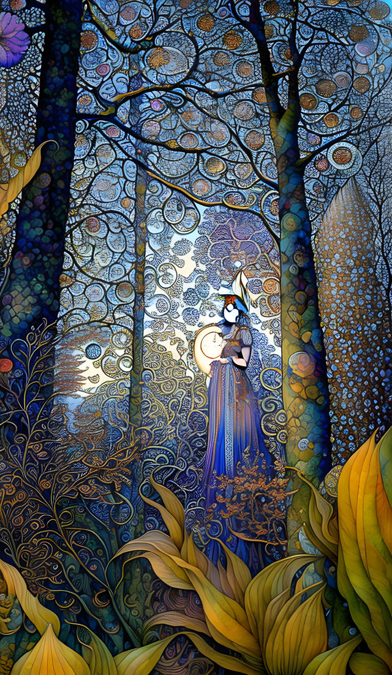 Stylized forest scene with woman holding glowing orb and oversized flowers