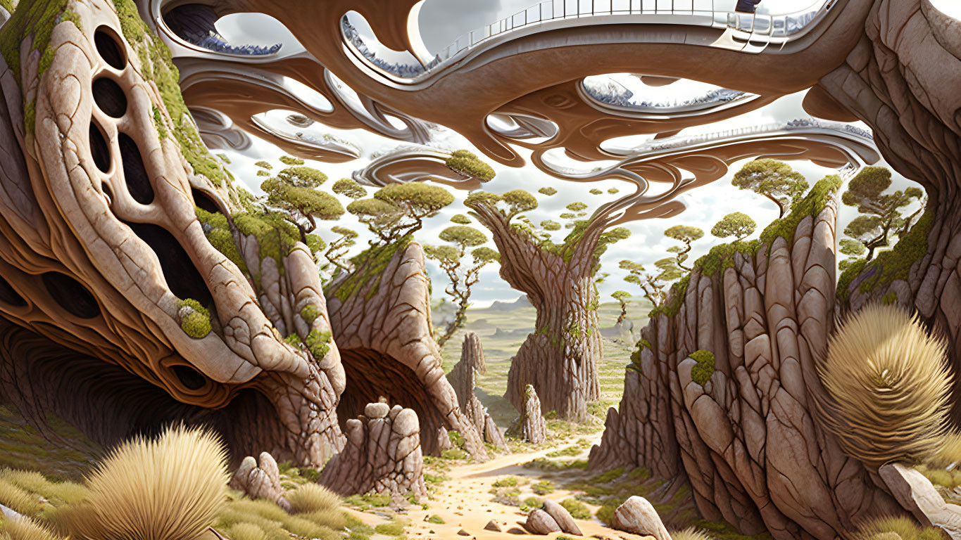 Surreal landscape with rock formations, stretched tree canopies, winding pathway.