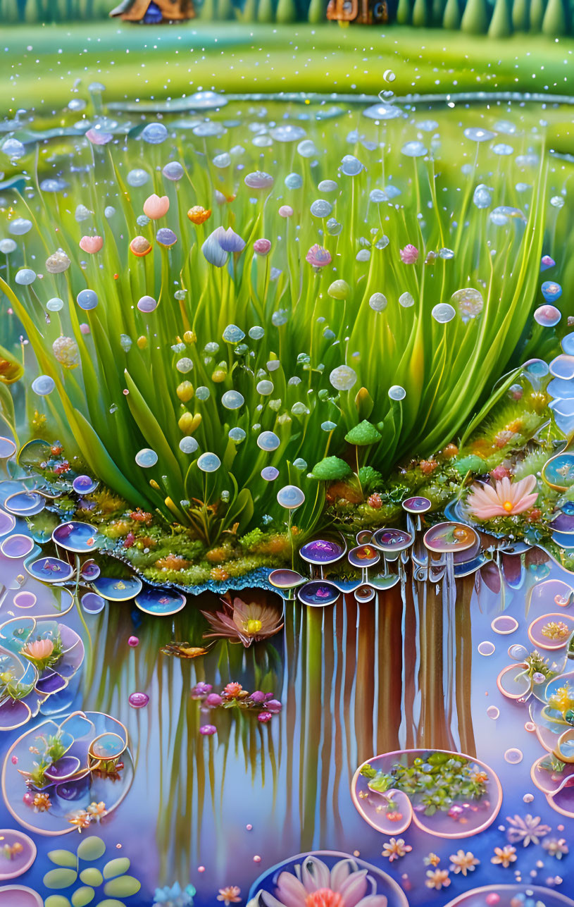 Fantastical water garden digital art with colorful plants & dewdrops