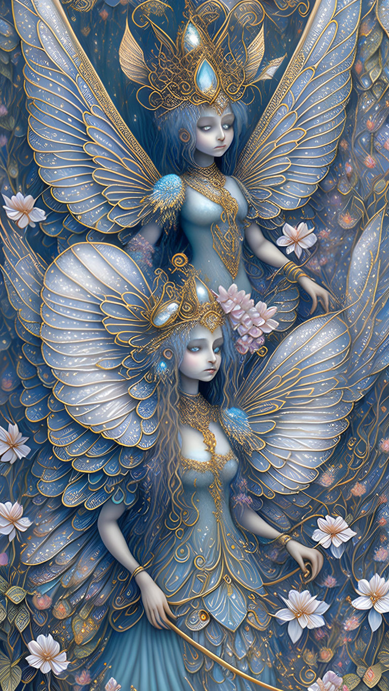 Detailed illustration of ethereal figures with butterfly wings in ornate attire amidst floral and celestial motifs.