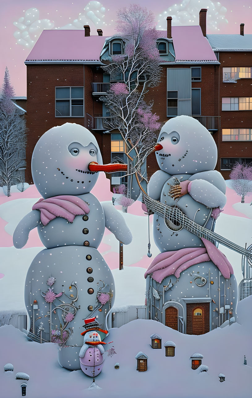 Two Large Snowmen in Winter Landscape with Building and Small Snowman at Evening