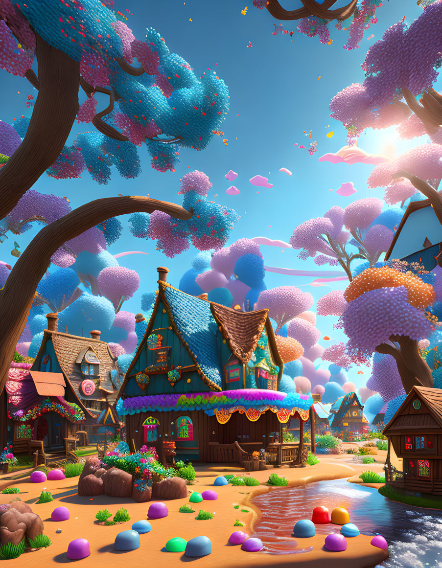 Colorful Fantasy Village: Vibrant Cottages, Winding River, Whimsical Trees