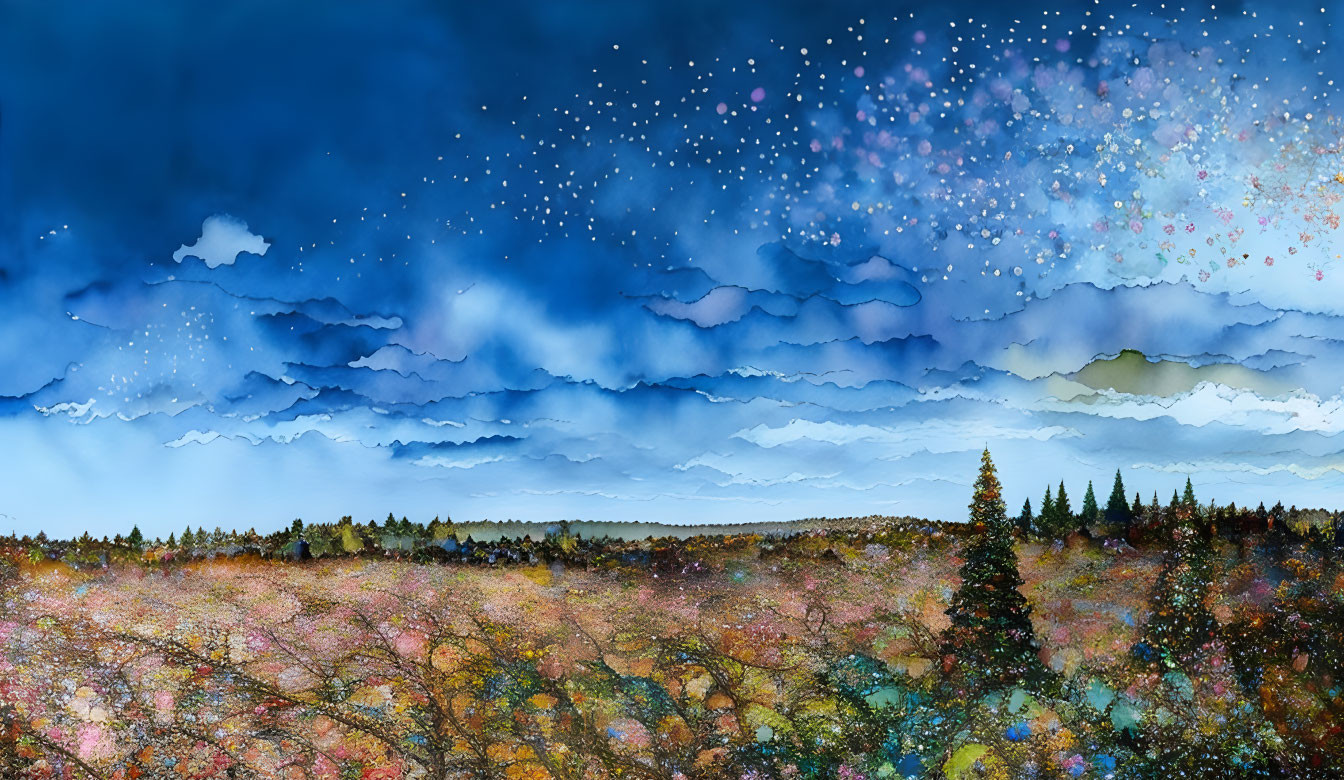 Colorful Watercolor Landscape: Starry Night Sky to Dawn Over Blooming Field