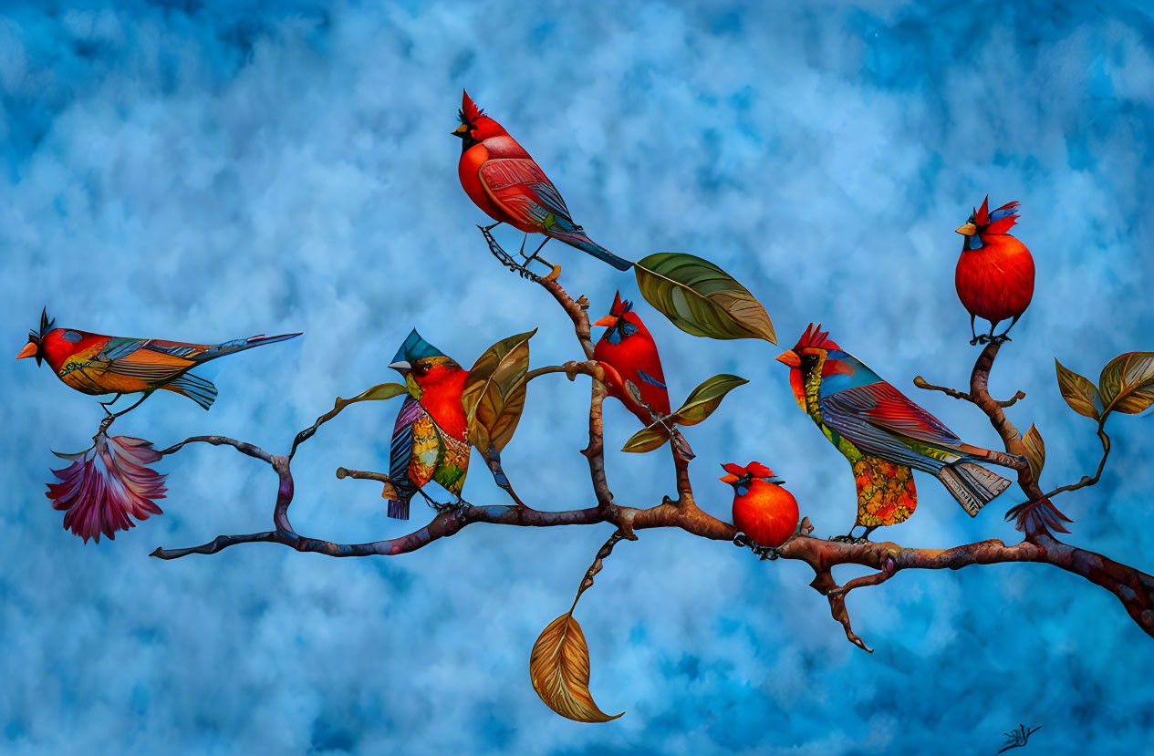 Colorful stylized birds on leafy branch against cloudy sky