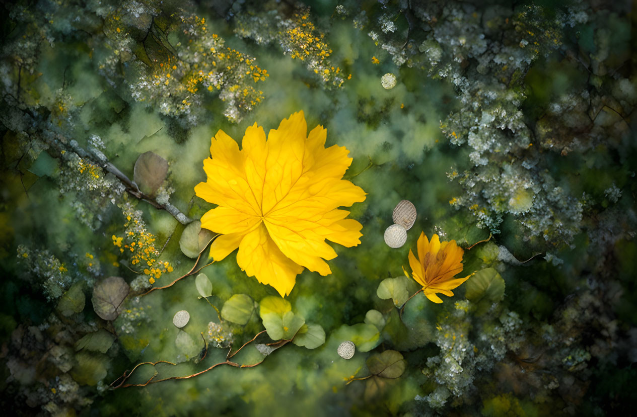 Lush forest floor with moss, yellow leaves, white flowers, and seed pods