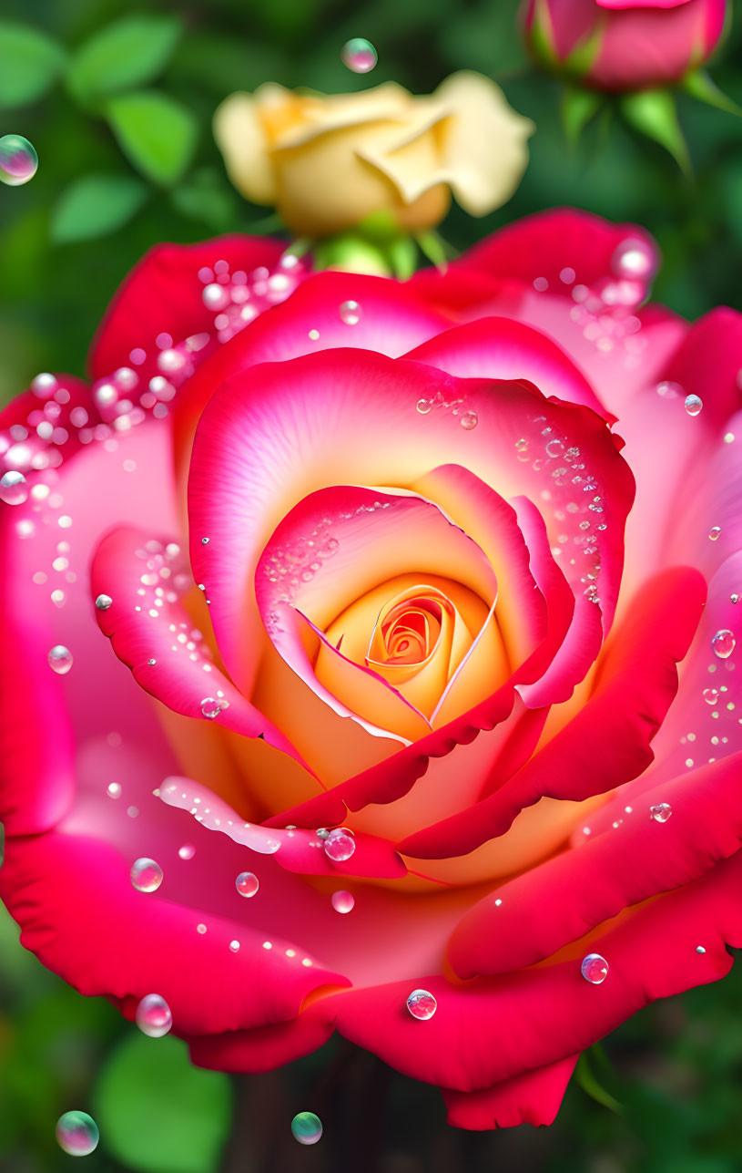 Pink rose with water droplets against green foliage and soft-focus yellow rose