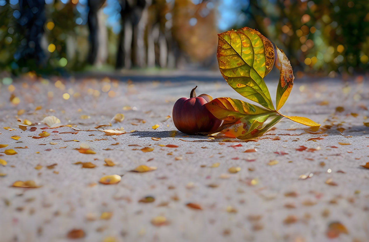 Fresh apple with leaves on autumn path surrounded by fallen leaves and trees under clear sky