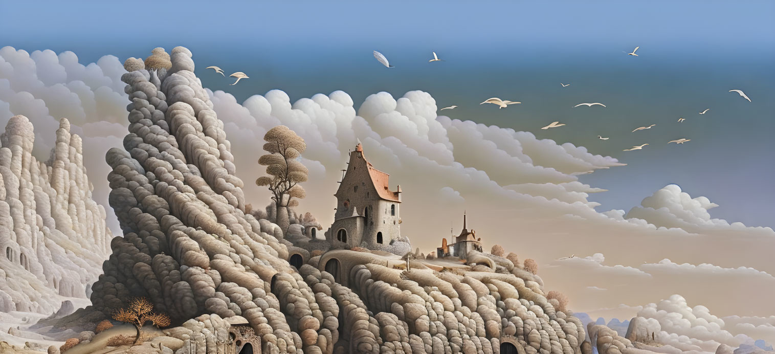 Fantasy landscape with castle-like structures on cloud formations and birds in serene sky