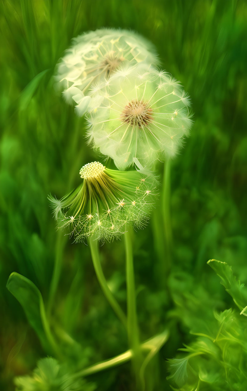 Dandelion seed head with dispersing seeds on green background