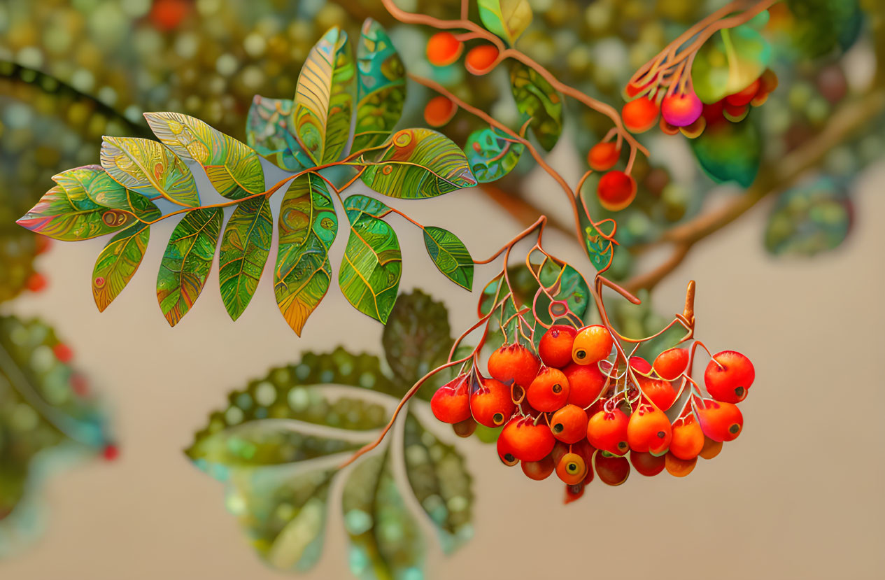 Detailed Illustration of Vibrant Tree Branch with Green Leaves and Red Berries