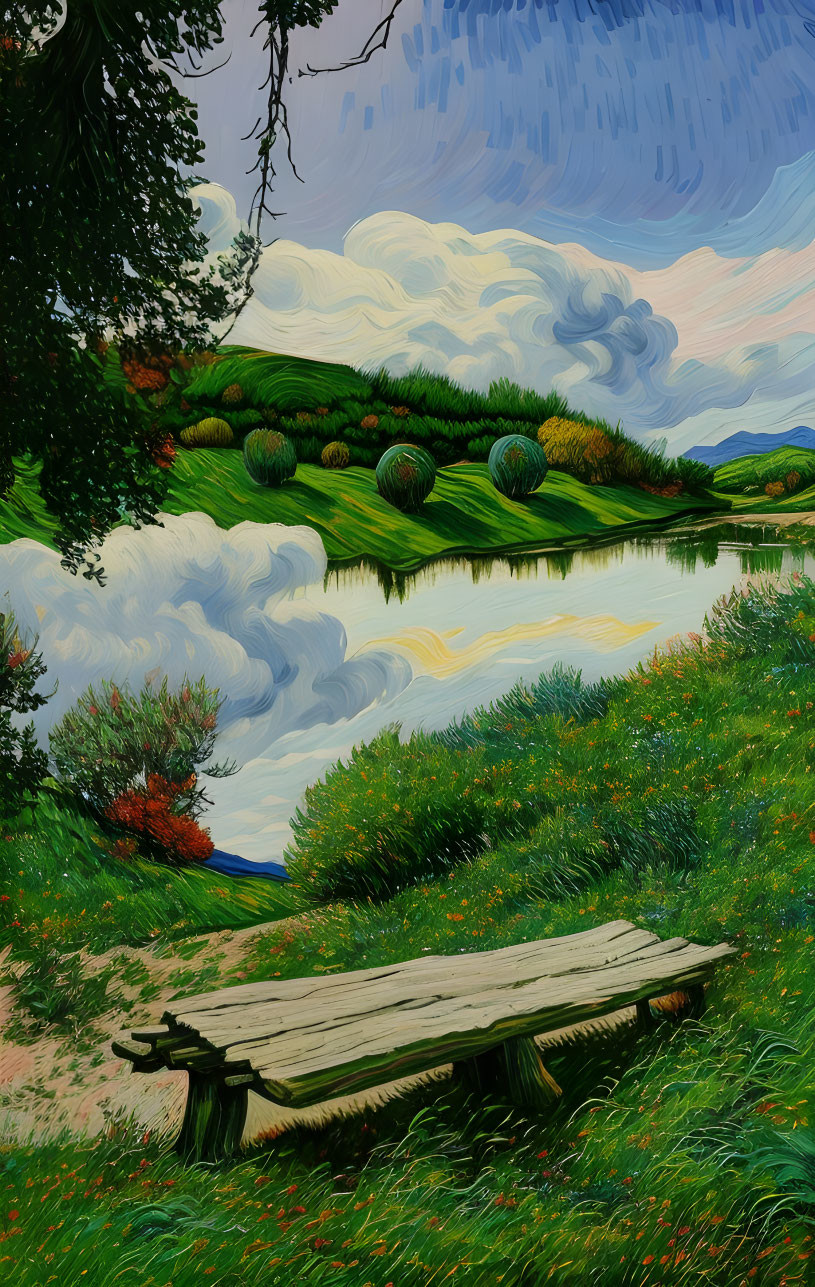 Tranquil landscape with wooden bench by calm river