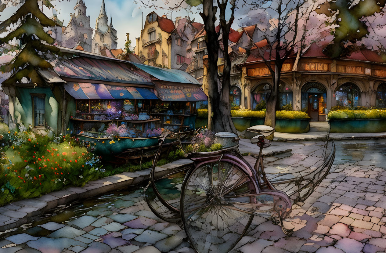 Charming street scene with old bicycle, cobblestone path, quaint shops, blossoming trees