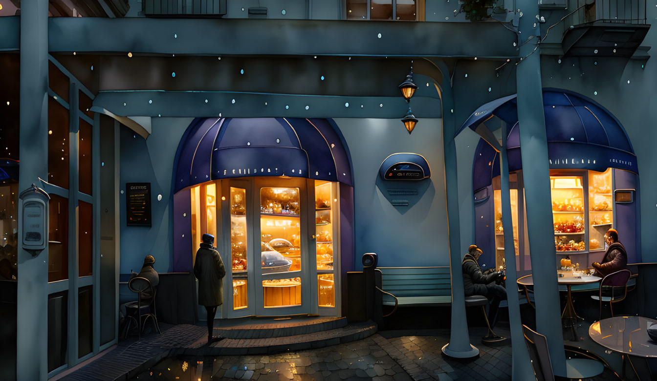 Bakery with Warm Lighting and Patrons Enjoying Pastries