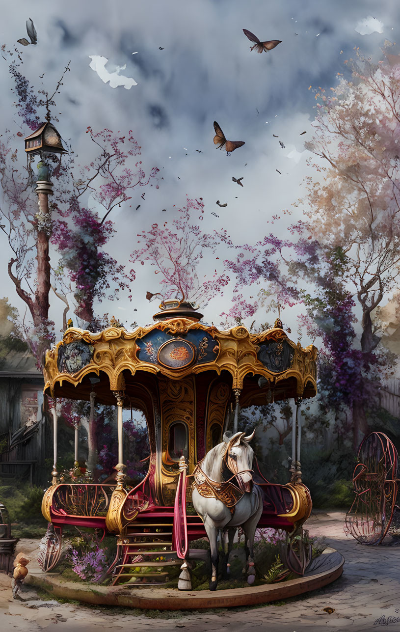 Ornate carousel with white horse in tranquil garden surrounded by butterflies and lamp post