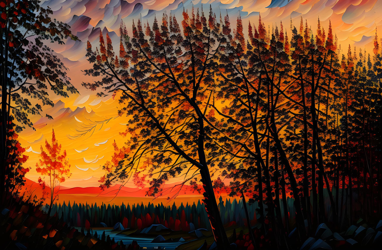 Colorful sunset forest illustration with orange and red sky.