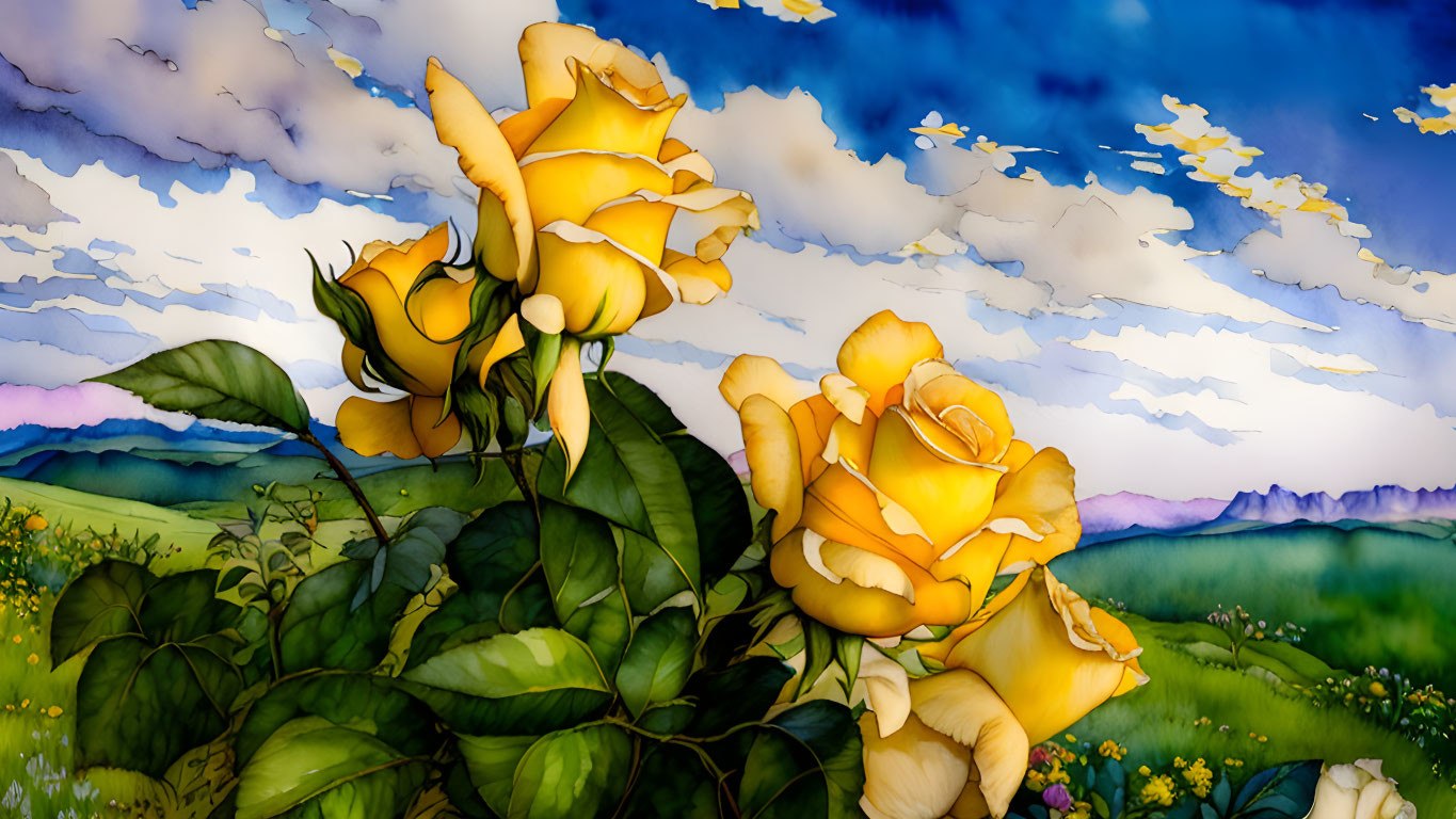 Colorful Illustration: Yellow Roses on Blue Sky Background