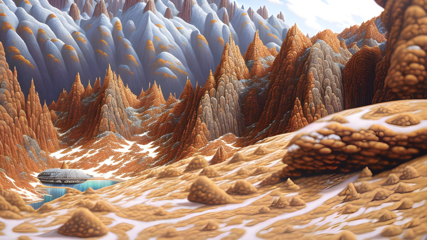 Layered orange and blue hills with metallic boat in surreal landscape