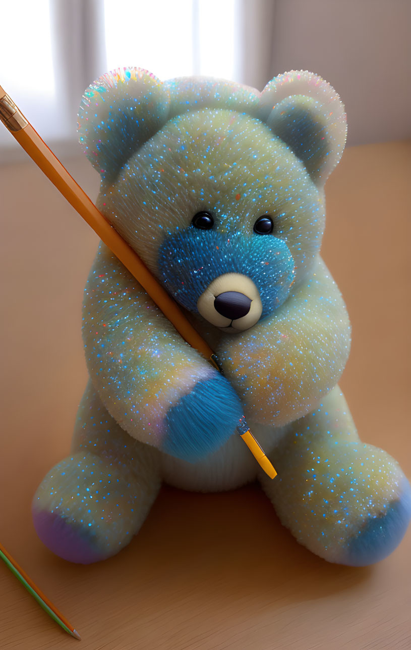 Colorful Glittery Teddy Bear with Paintbrush and Table Brush