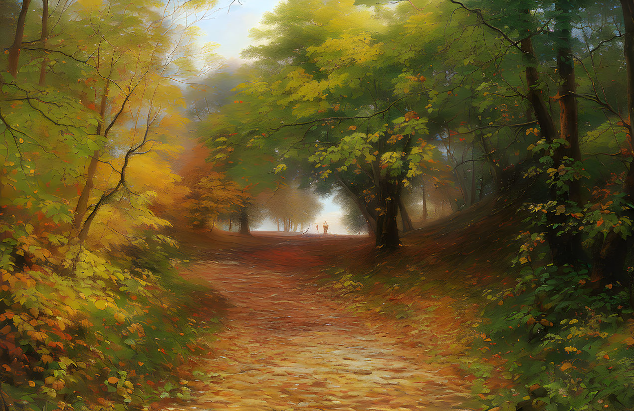 Vibrant Autumn Forest with Winding Path and Misty Glow