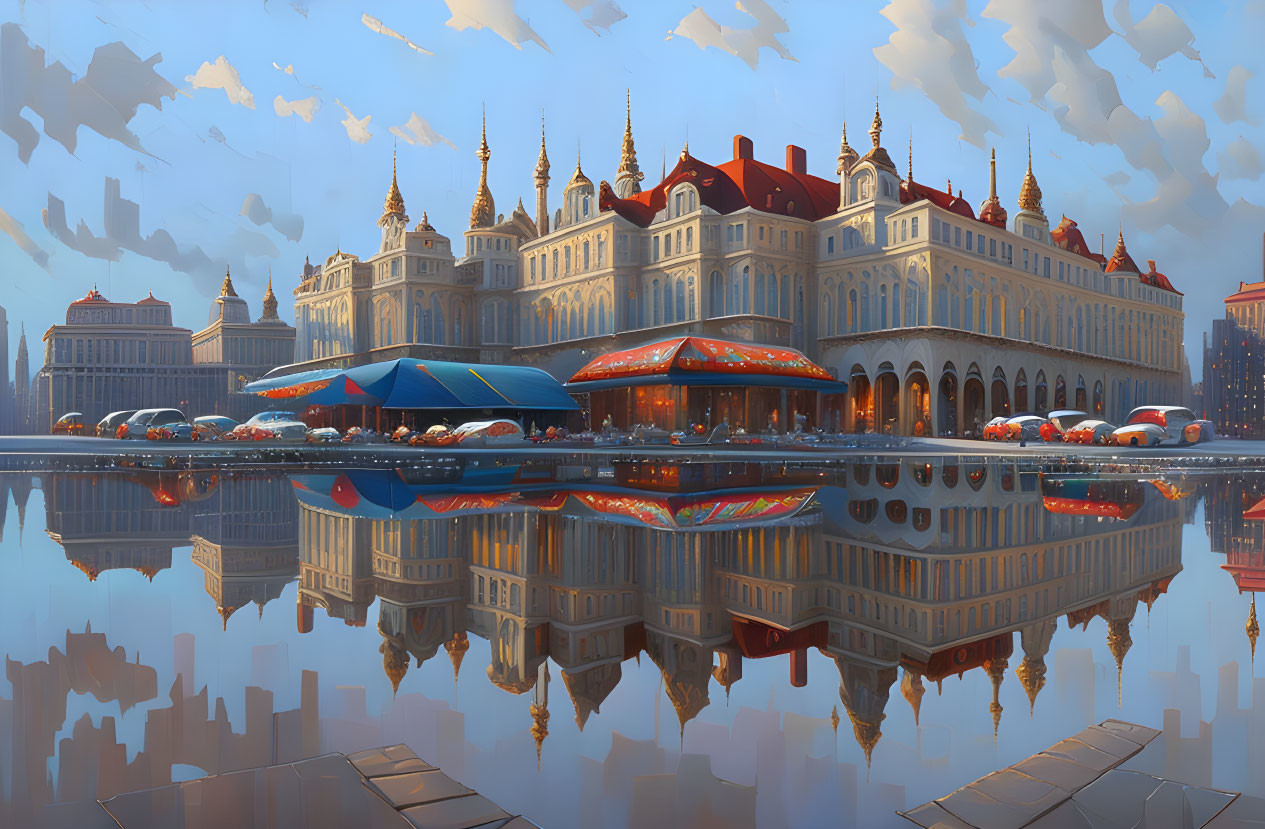 Ornate castle-like buildings in fantastical cityscape with reflective water and geometric sky shapes