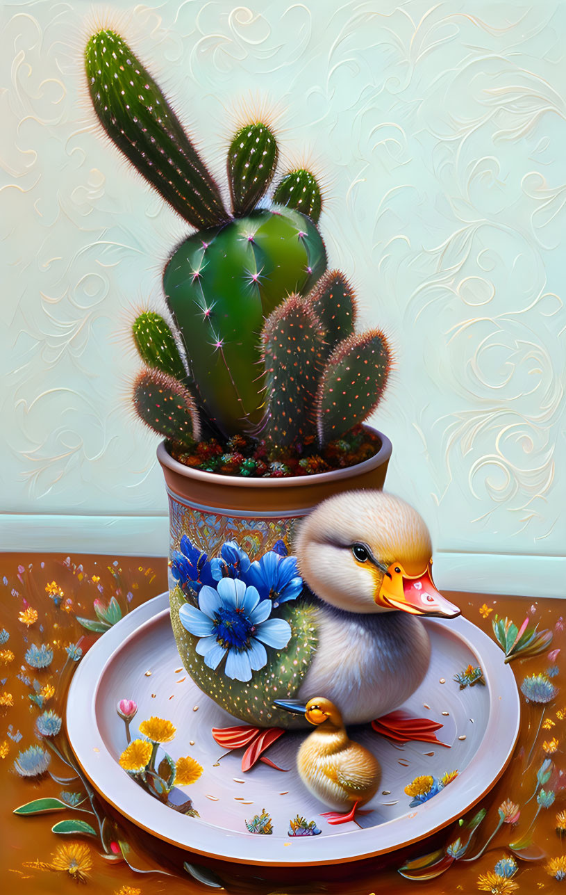 Colorful Duckling and Cactus Illustration with Chick and Petals