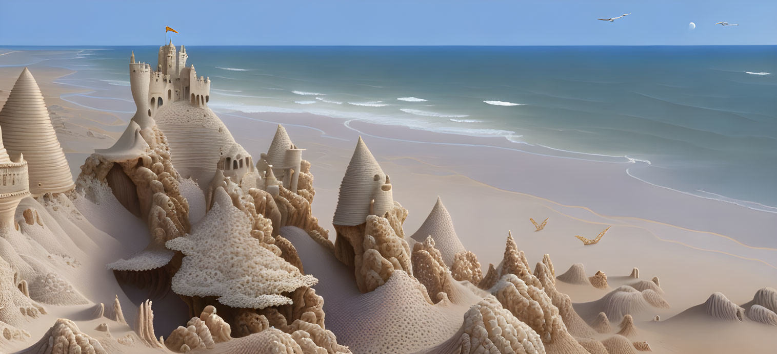 Expansive Sandcastle City on Serene Beach with Flying Birds