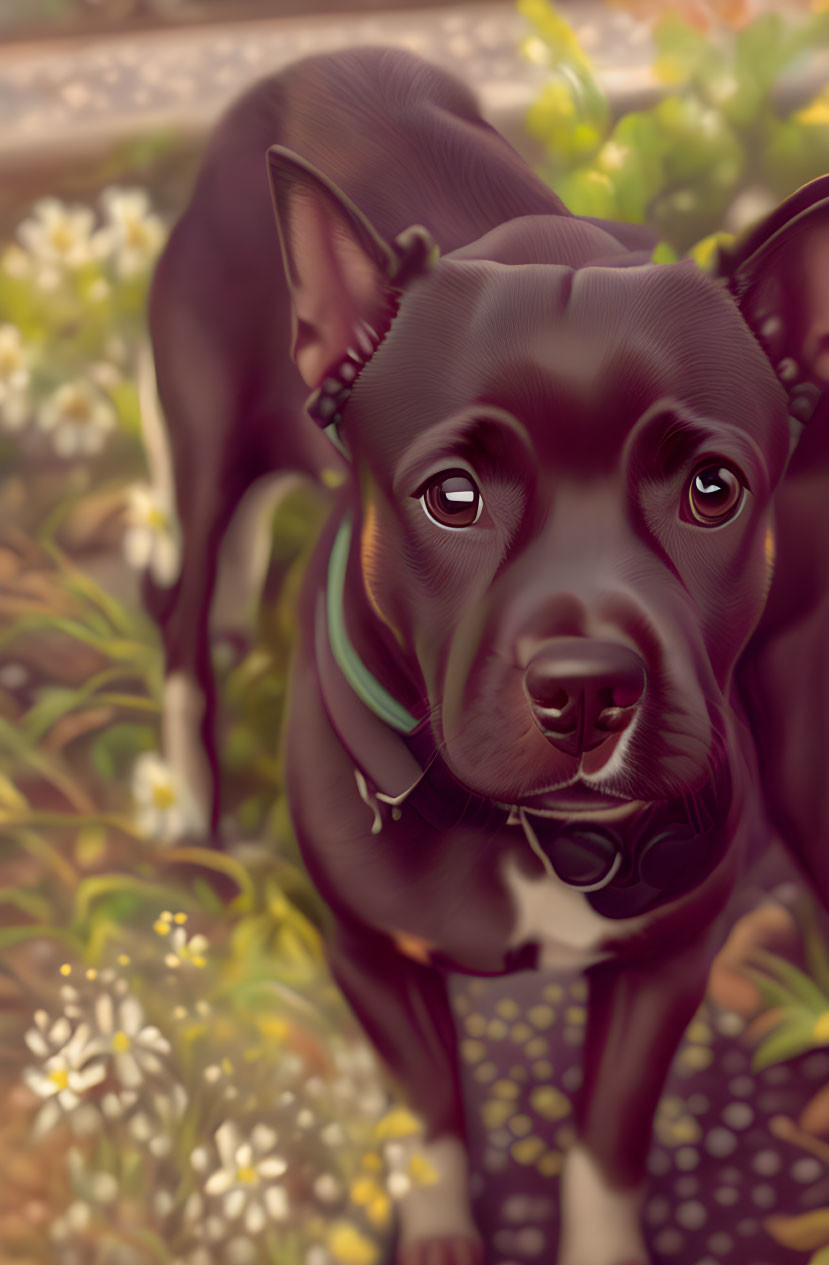 Black Dog with Green Collar Among White Flowers and Expressive Eyes