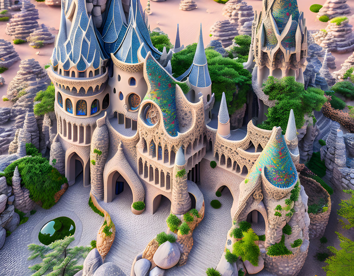 Fairytale castle with blue rooftops in whimsical landscape