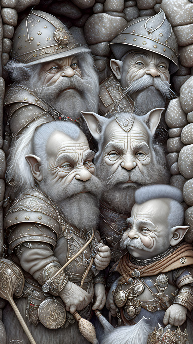 Detailed Fantasy Dwarves in Armor with Expressive Faces and Ornate Helmets