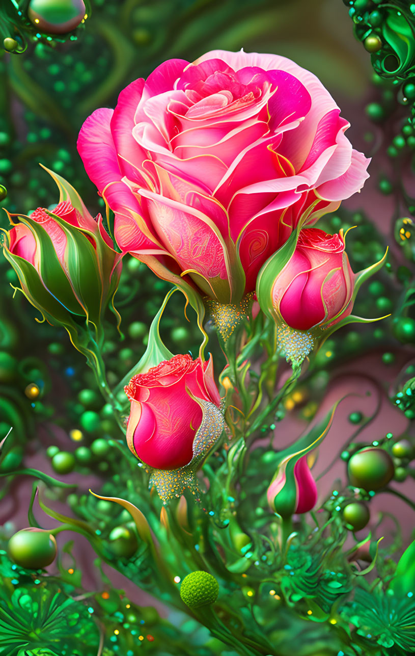 Detailed digital artwork: Pink rose with intricate details and whimsical greenery