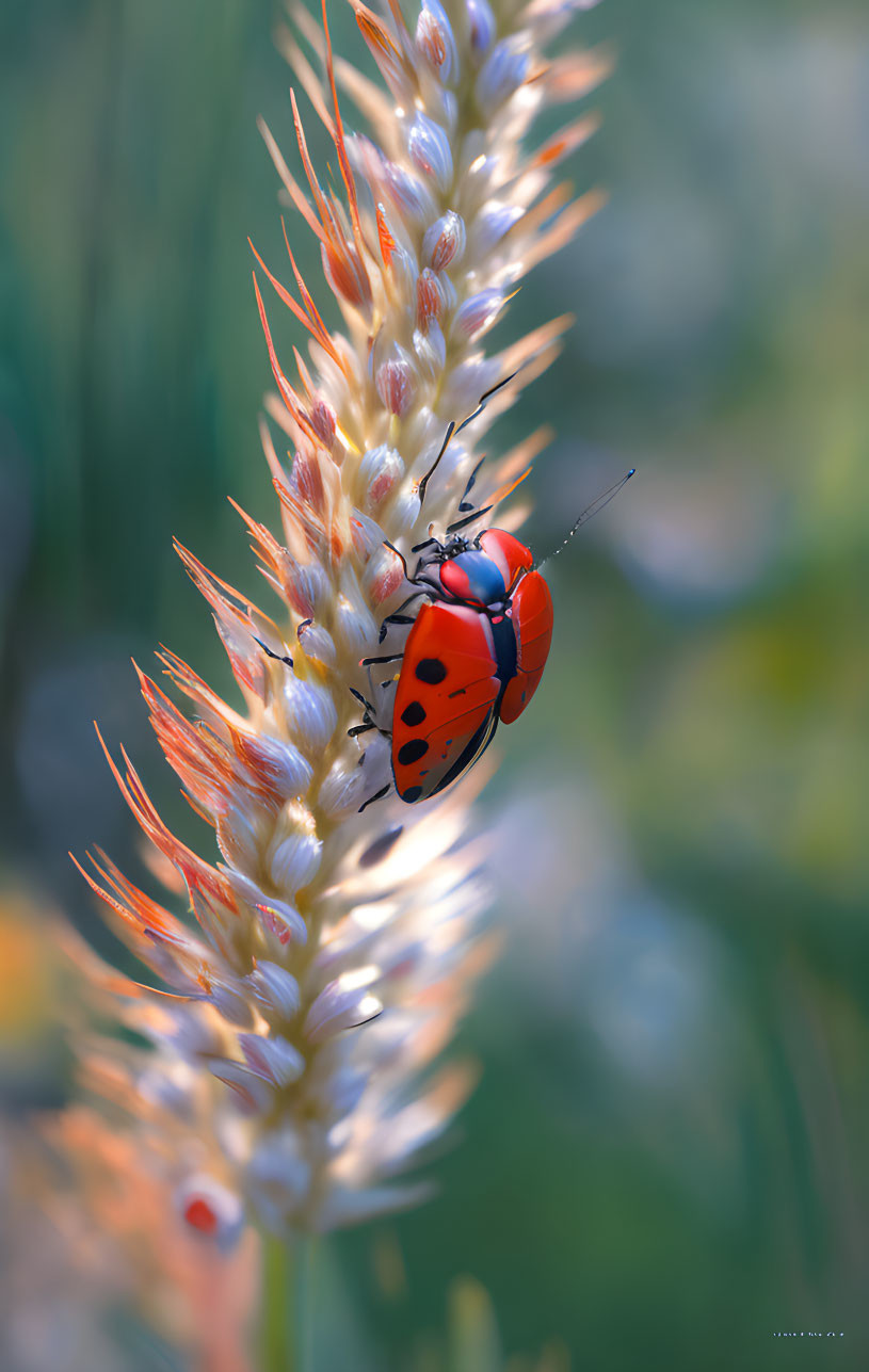 Red ladybug with black spots on fluffy beige plant spikelet.