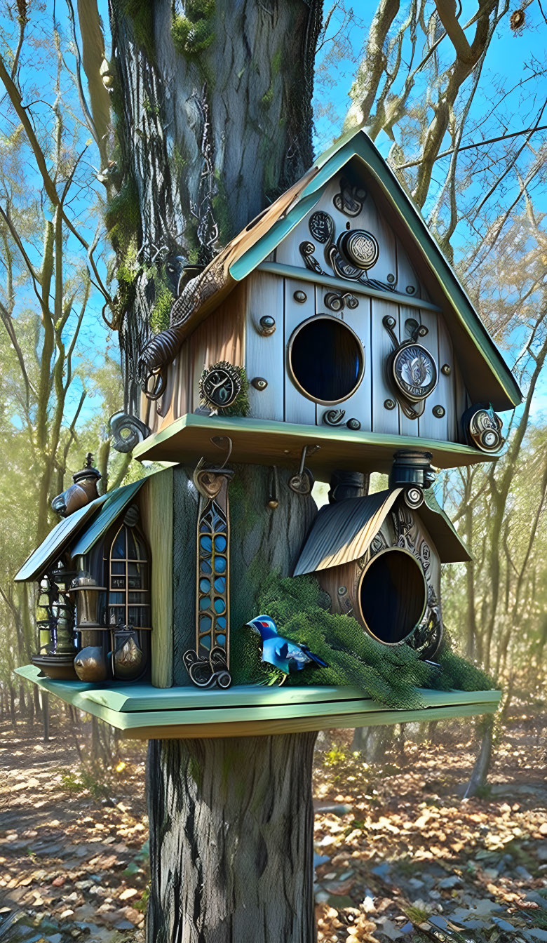 Steampunk-Inspired Birdhouse with Gears and Blue Bird in Forest Setting