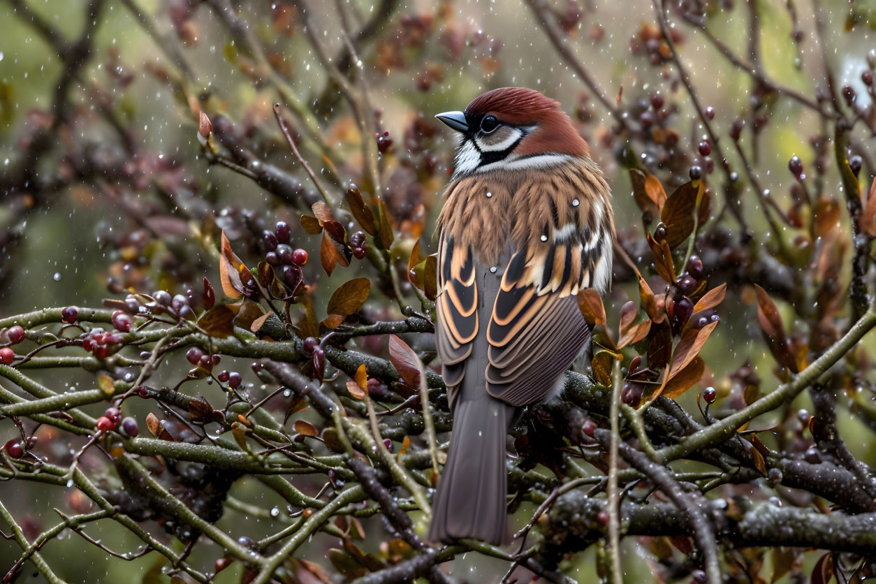 Sparrow perched on branch with red berries and water droplets