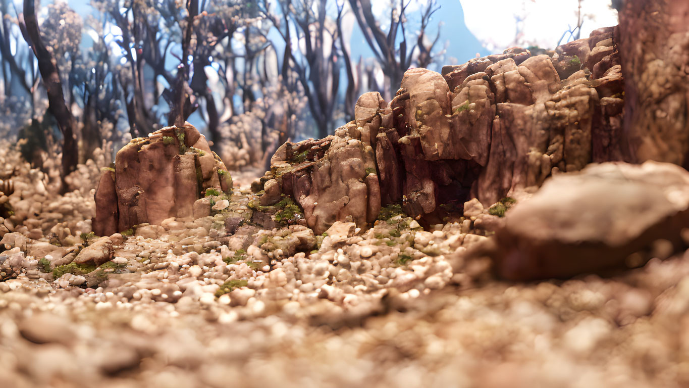 Miniature landscape of rocky terrain with trees under warm light