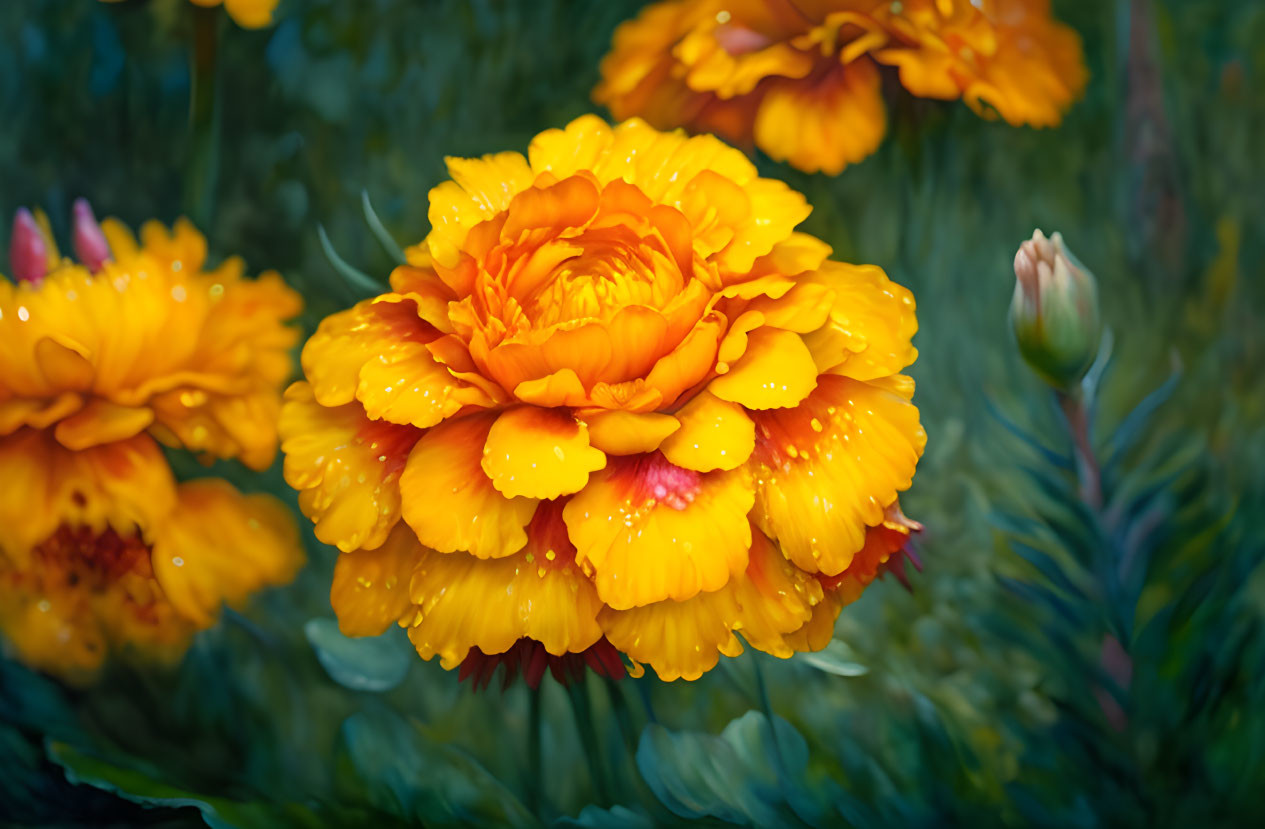 Bright yellow-orange marigold with dewdrops in a garden setting