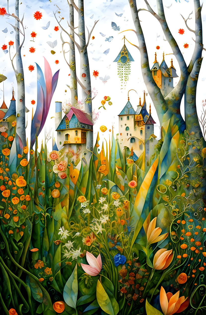 Colorful Whimsical Painting of Fantastical Houses and Lush Florals